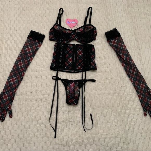 Dolls Kill Sugar Thrillz Plaid For You Lingerie Set, Size XS, NWT - Picture 1 of 5
